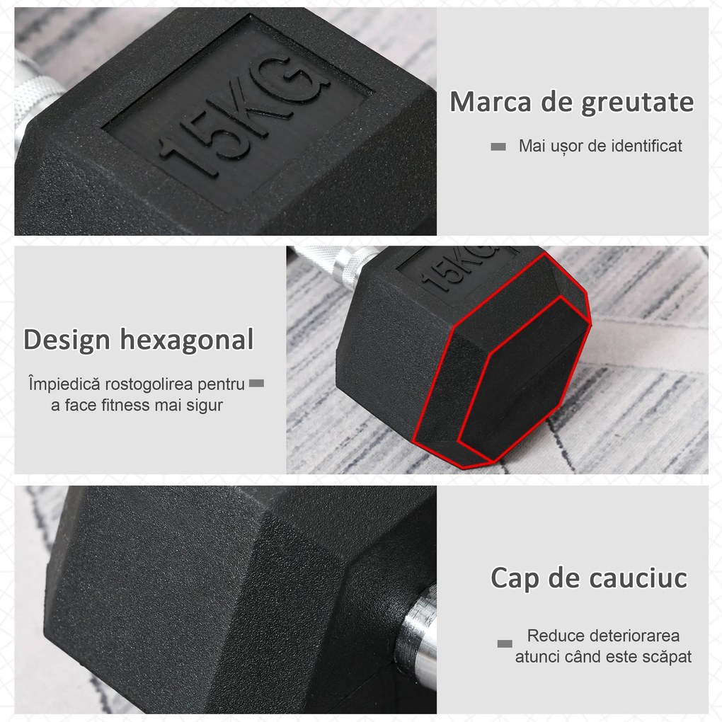 HOMCOM Ganteră Hexagonală de 15 kg, cu Prindere Antiderapanta, Greutate pentru Brațe din Oțel și Cauciuc, Ø15.5x33.6 cm, Negru | Aosom Romania