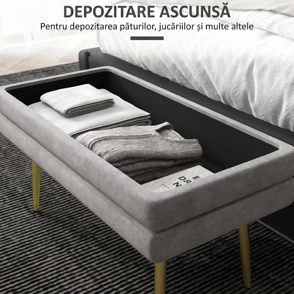 HOMCOM Bancă Otomană Tapițată, Picioare Aurii, Design Modern pentru Living și Dormitor, Gri | Aosom Romania