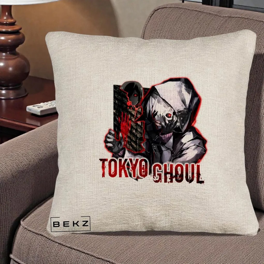 Perna Personalizata Tokyo Ghoul Ken Kaneki Anime, 40x40 cm, Bej Canapea, Husa Detasabila, Perna Inclusa, BEKZ®
