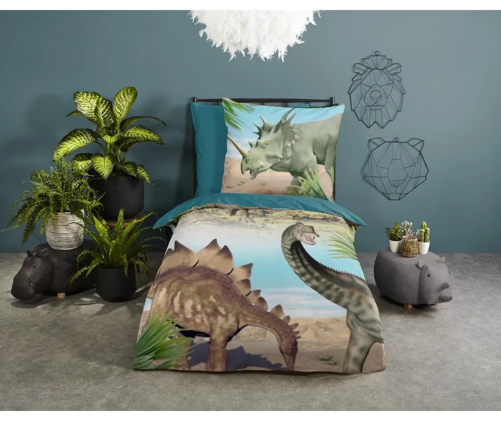 Lenjerie de pat pentru copii verde-albastră din bumbac pentru pat de o persoană 140x200 cm Dino – Good Morning