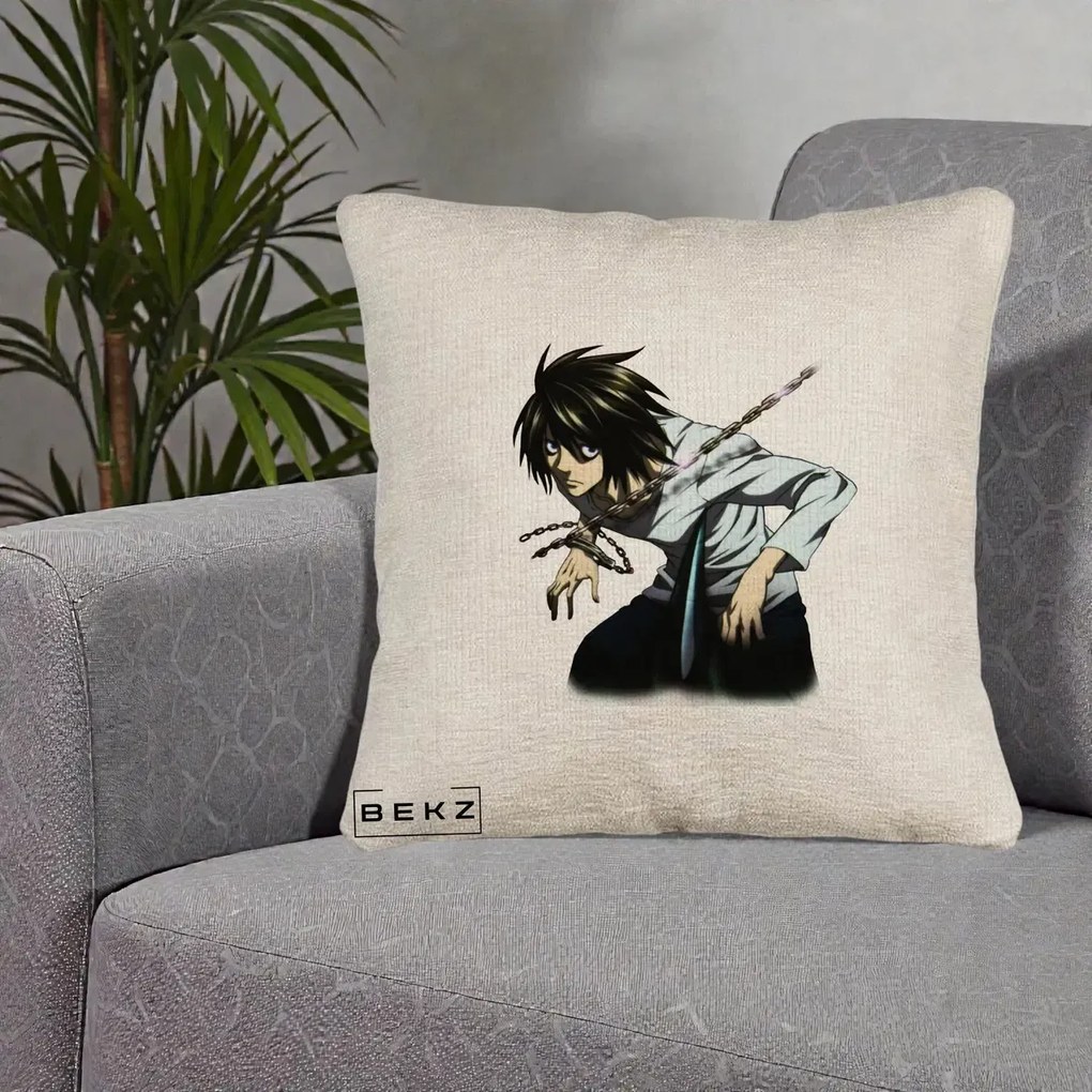 Perna Personalizata Death Note L Lawliet Lanturi, 40x40 cm, Bej Canapea, Husa Detasabila, Perna Inclusa, BEKZ®