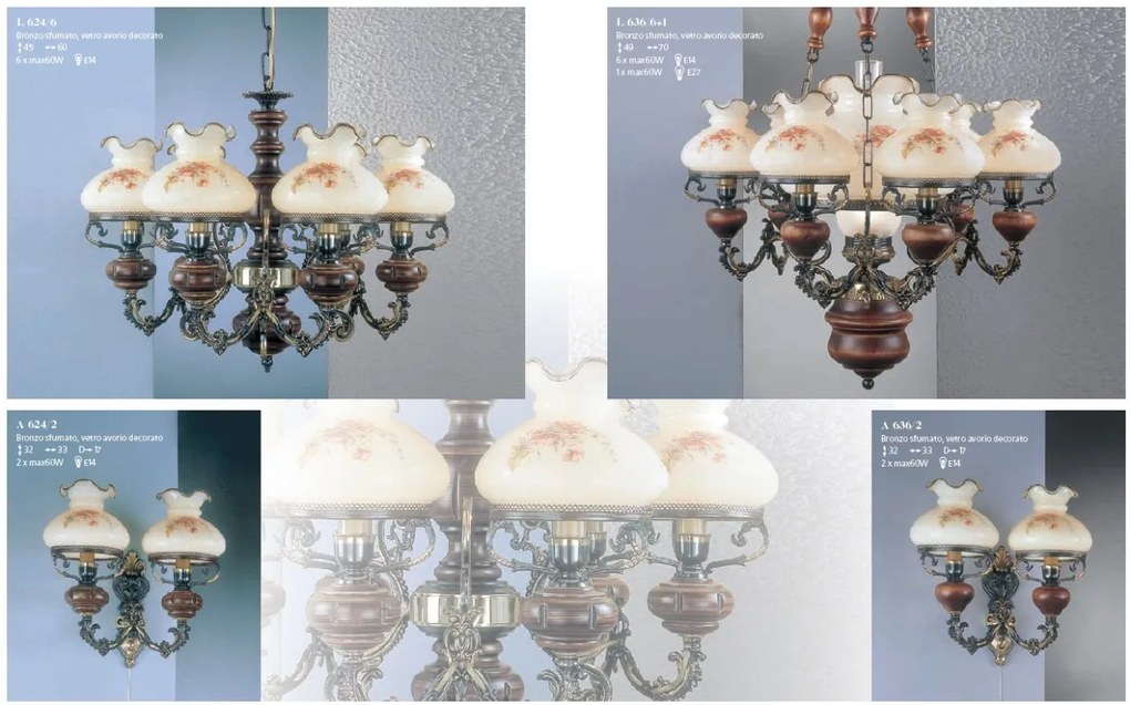 Candelabru cu 6 brate design italian din alama cu lemn 636