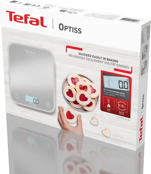 Cantar de bucatarie Tefal Optiss BC50D6V0, Pana la 5 kg, TARE, LCD, Sticla, Cifre mari, Gri/Alb