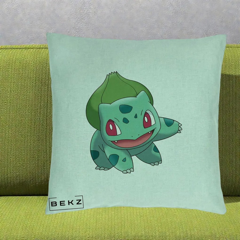 Perna Personalizata Bulbasaur Pokemon, 40x40 cm, Verde Menta, Husa Detasabila, Perna Inclusa, BEKZ®