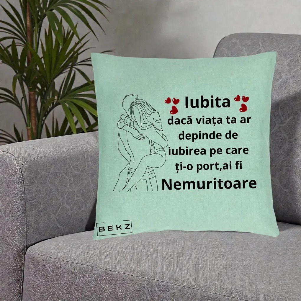 Cadou pentru Iubita - Perna Personalizata Iubita Nemuritoare cu Cuplu Line-Art si Inimi Rosii, 40x40 cm, Verde Menta, Husa Detasabila, Perna Inclusa, BEKZ®