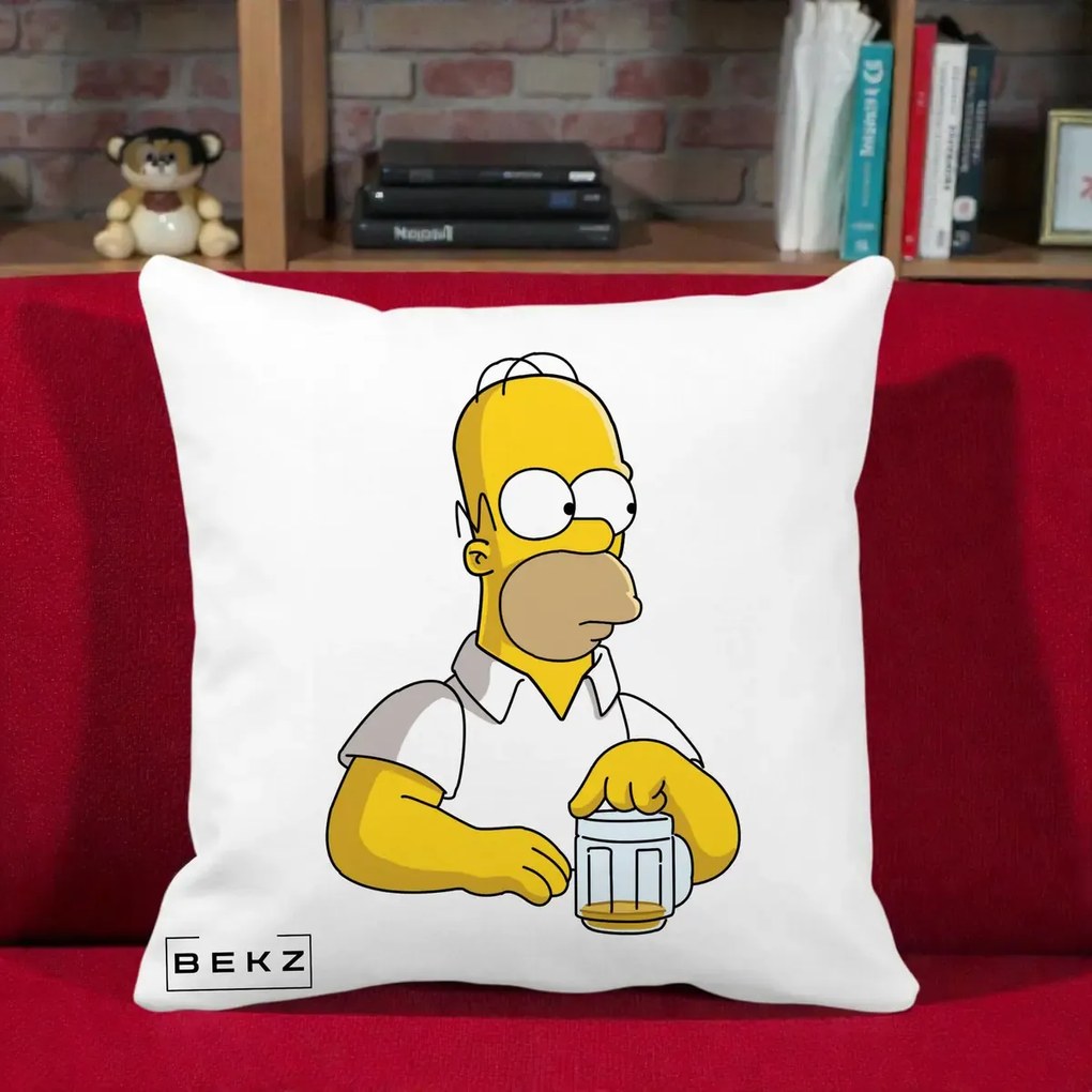 Perna Personalizata Homer Simpson cu Bere, 40x40 cm, Alba Mata, Husa Detasabila, Perna Inclusa, BEKZ®