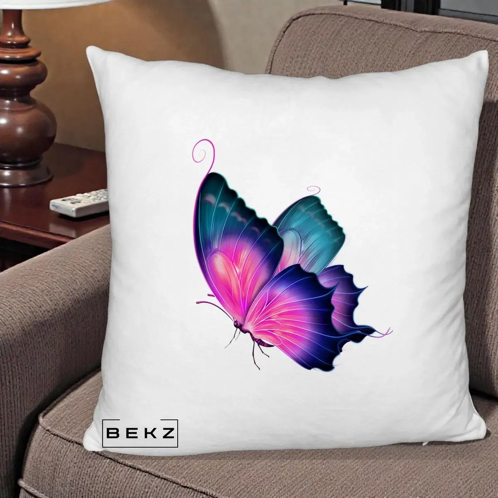 Perna Decorativa Fluture Neon, 40x40 cm, Alb Pufos, Husa Detasabila, Perna Inclusa, BEKZ®