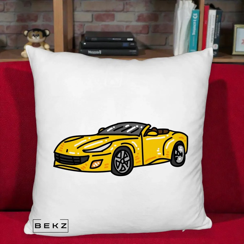 Perna Personalizata Masina Cabriolet Galbena Grafic, 40x40 cm, Alb Pufos, Husa Detasabila, Perna Inclusa, BEKZ®