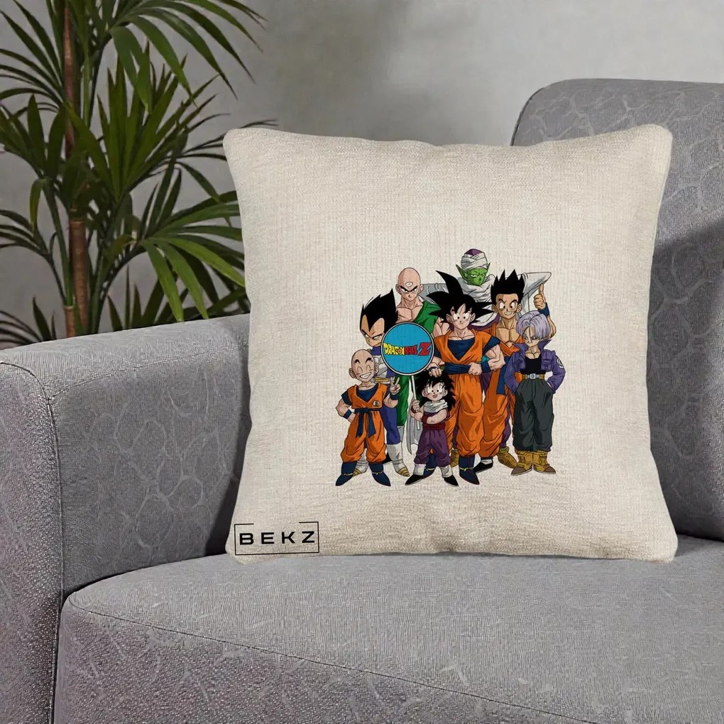 Perna Personalizata Dragon Ball Z Grup Complet, 40x40 cm, Bej Canapea, Husa Detasabila, Perna Inclusa, BEKZ®