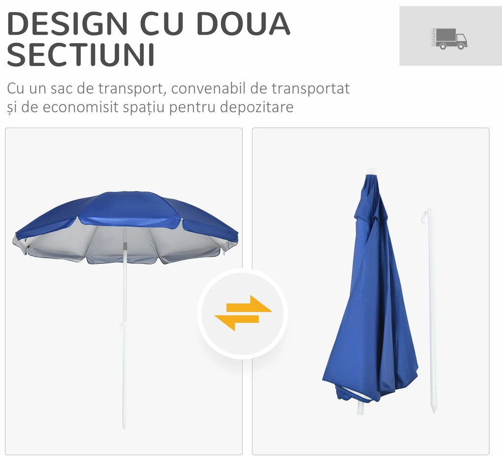 Outsunny Umbrelă de Plajă cu Acoperiș Înclinabil la 45°, Ferestre și 2 Buzunare, Ø191x211 cm, Albastru | Aosom Romania
