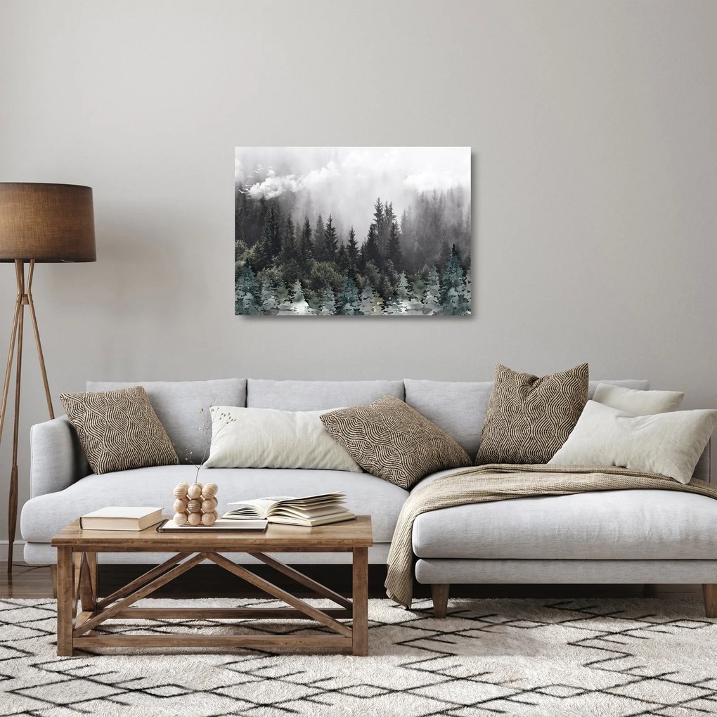 Tablou pe sticlă - Pădure cu elemente ilustrate (70x50 cm)