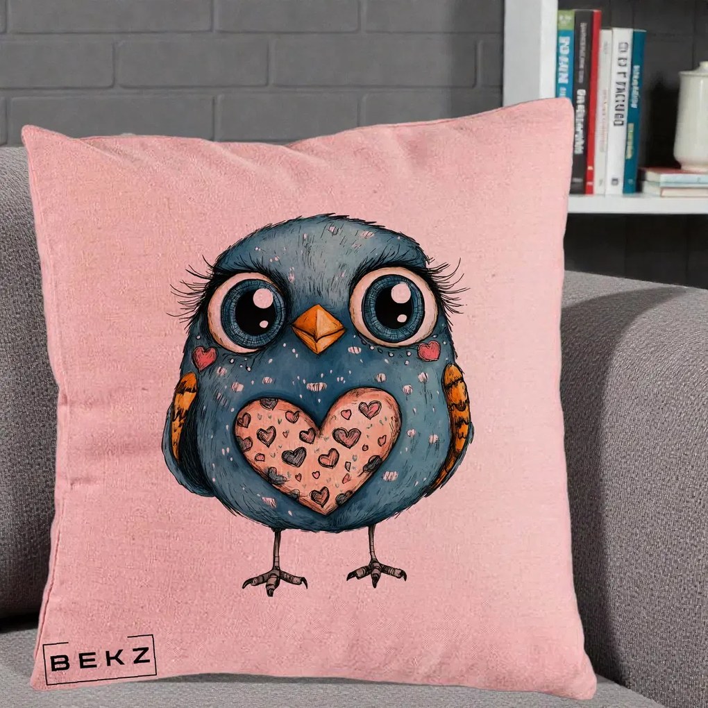 Perna Decorativa Bufnita Albastra cu Inimioare, 40x40 cm, Roz, Husa Detasabila, Perna Inclusa, BEKZ®