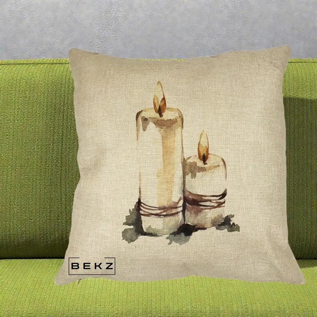Perna Decorativa Lumanari Acuarela Iarna, 40x40 cm, Crem, Husa Detasabila, Perna Inclusa, BEKZ®