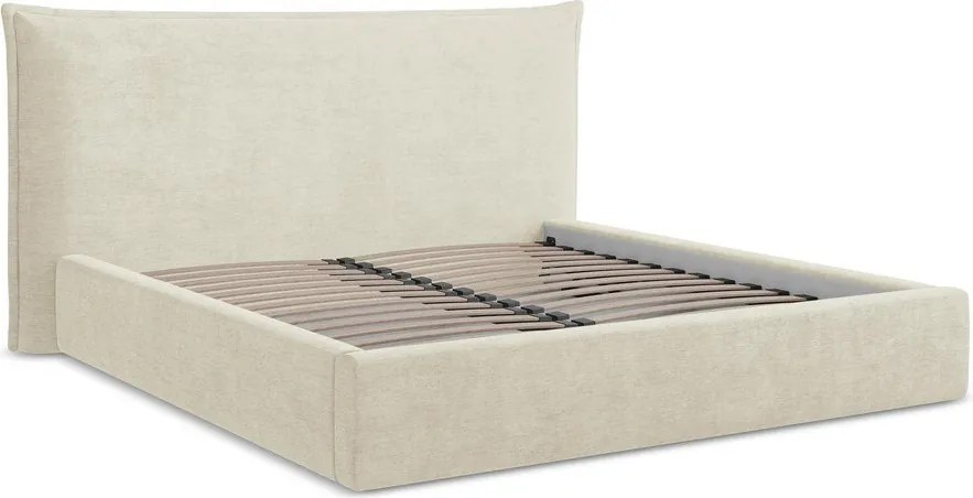 Pat matrimonial bej tapițat cu spațiu de depozitare cu somieră 140x200 cm Esala – Makamii