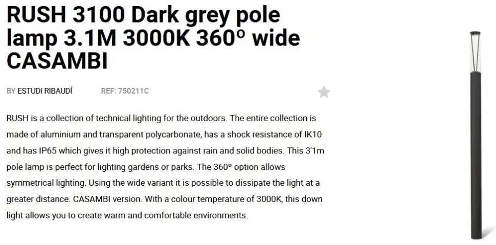 Stalp LED iluminat exterior simetric 360º wide IP65 RUSH 310cm 3000K CASAMBI