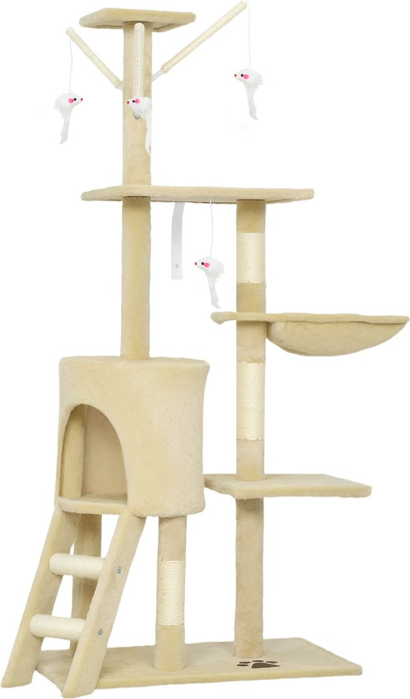 PawHut Turelă pentru pisici cu căsuță, stâlp de ascuțit gheare, platforme și 4 șoricei, din lemn, pluș și sisal, 50x35x134.2 cm, gri | Aosom Romania