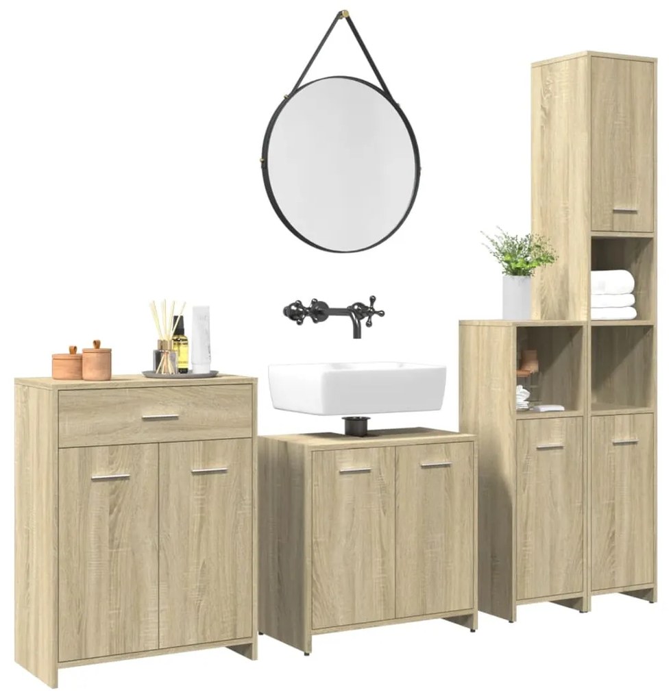 3325044 vidaXL Set mobilier de baie, 4 piese, stejar sonoma, lemn prelucrat