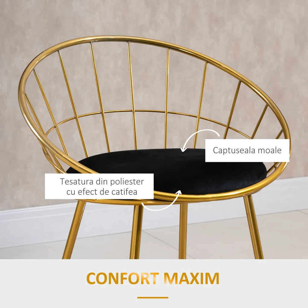 HOMCOM Set 2 Scaune Bar Înalte, Design Modern, Pernă Catifea, Poliester și Metal, Negru și Auriu, Confortabil | Aosom Romania