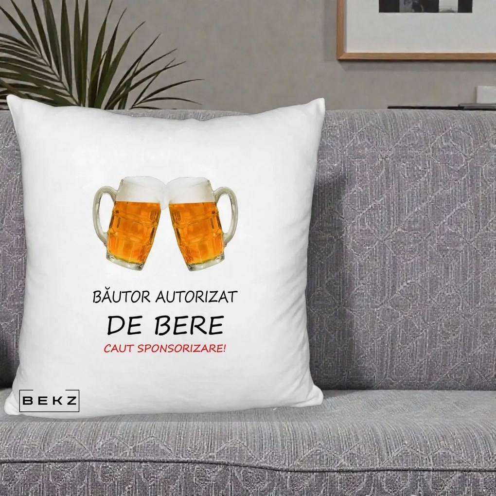 Perna Decorativa Bautor Autorizat de Bere, 40x40 cm, Alb Pufos, Husa Detasabila, Perna Inclusa, BEKZ®