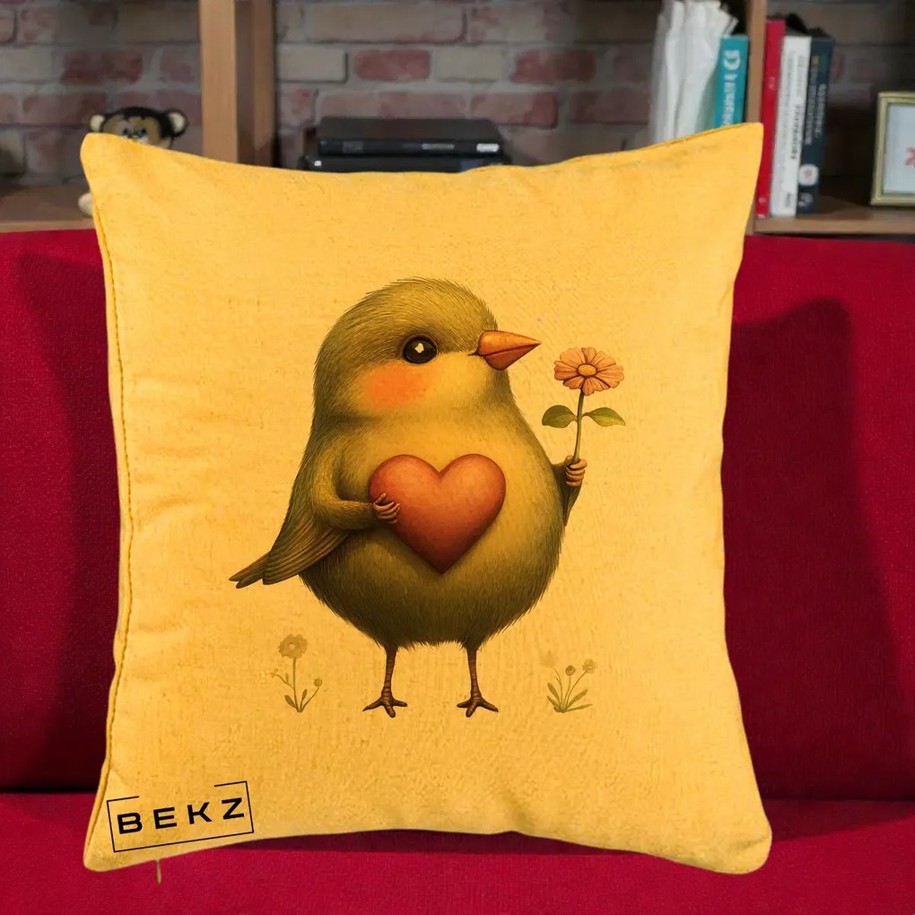 Perna Decorativa Pasare Verde cu Inima si Floare, 40x40 cm, Galben, Husa Detasabila, Perna Inclusa, BEKZ®