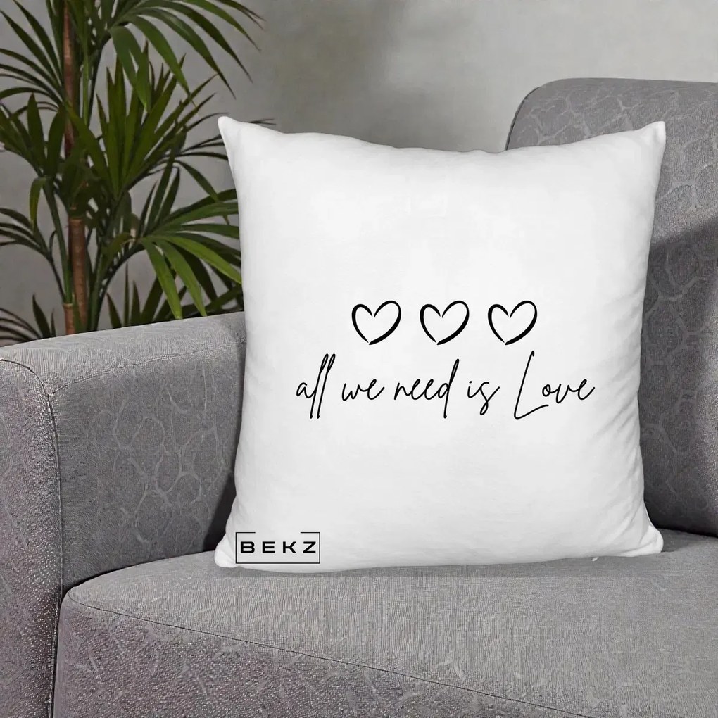 Perna Decorativa All We Need Is Love, 40x40 cm, Alb Pufos, Husa Detasabila, Perna Inclusa, BEKZ®