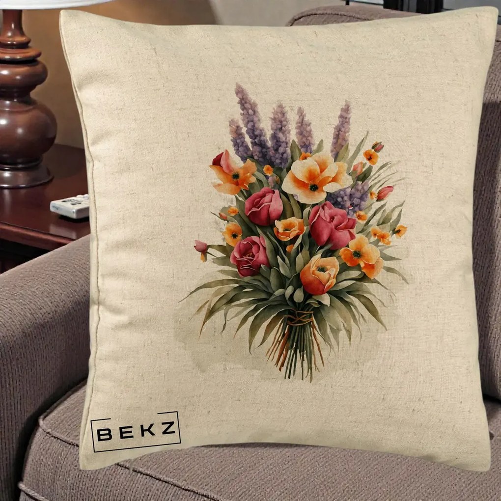 Perna Decorativa Buchet Mixt Acuarela Lavanda-Trandafiri, 40x40 cm, Bej, Husa Detasabila, Perna Inclusa, BEKZ®