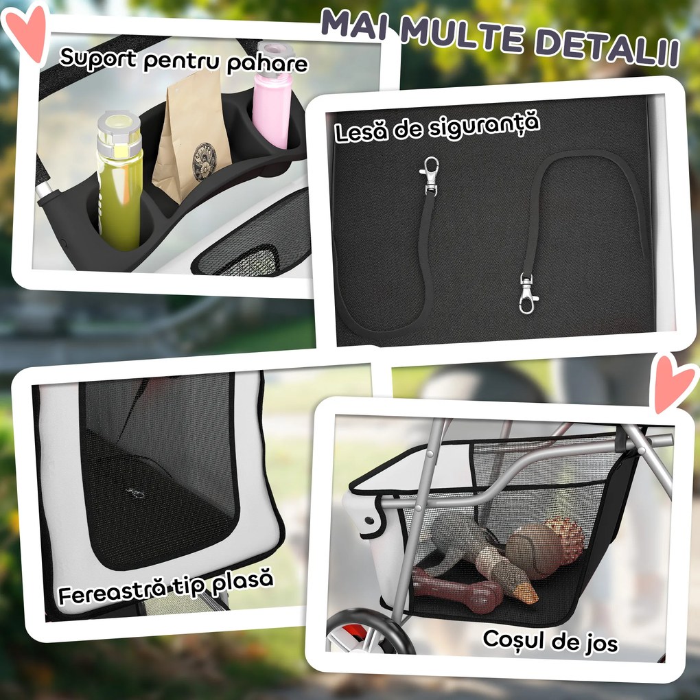 PawHut Cărucior pentru Câini de Talie Mică Pliabil, cu Roți Pivotante 360°, Coș de Depozitare, Pernă Lavabilă, Gri | Aosom Romania