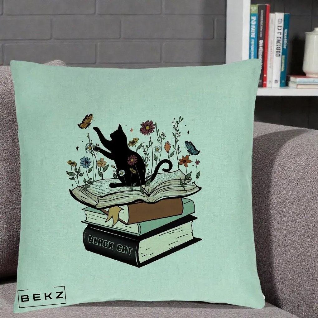 Perna Personalizata Pisica Neagra Carti Flori Fluturi, 40x40 cm, Verde Menta, Husa Detasabila, Perna Inclusa, BEKZ®