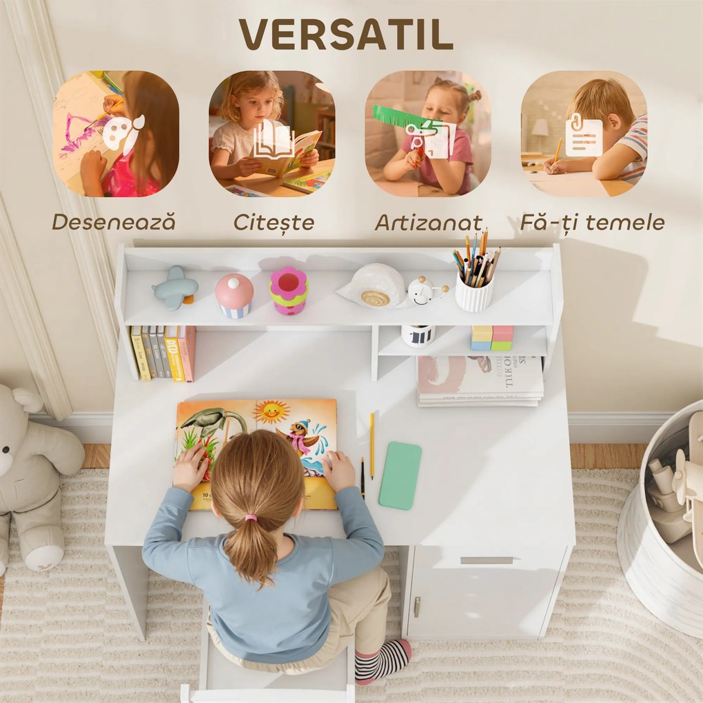 AIYAPLAY Birou pentru copii cu rafturi, dulap, sertar și scaun, alb | Aosom Romania