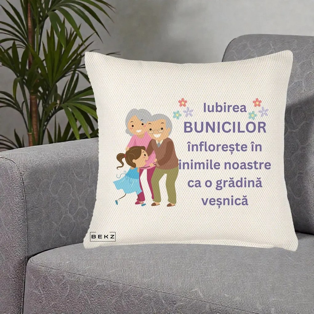 Cadou pentru Bunici - Perna Personalizata Bunicii Iubirea Infloreste Bunici cu Nepoata Colorat, 40x40 cm, Crem Reliefat, Husa Detasabila, Perna Inclusa, BEKZ®