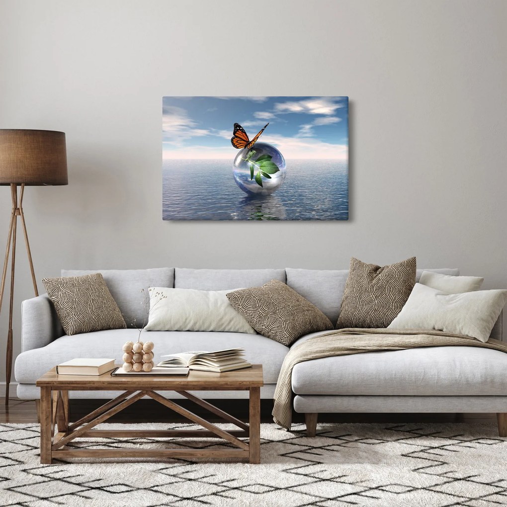 Tablou cu fluture pe bilă din sticlă (90x60 cm)