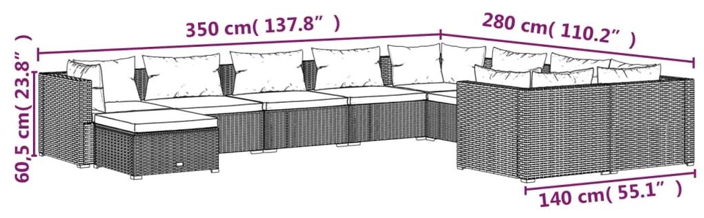Set mobilier de gradina cu perne, 10 piese, negru, poliratan negru si crem, 4x colt + 5x mijloc + suport pentru picioare, 1