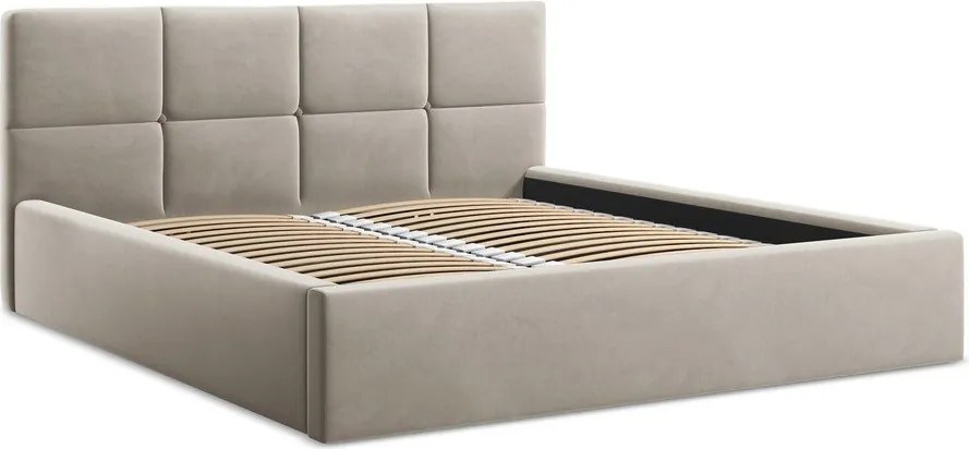 Pat matrimonial taupe tapițat din catifea cu spațiu de depozitare cu somieră 140x200 cm Hiko – Makamii