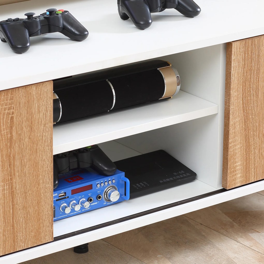 HOMCOM Suport TV pentru modele de pana la 50" Max, PAL modern si suport TV din otel cu 2 rafturi deschise si 2 dulapuri inchise, 120x39,5x45cm | Aosom Romania