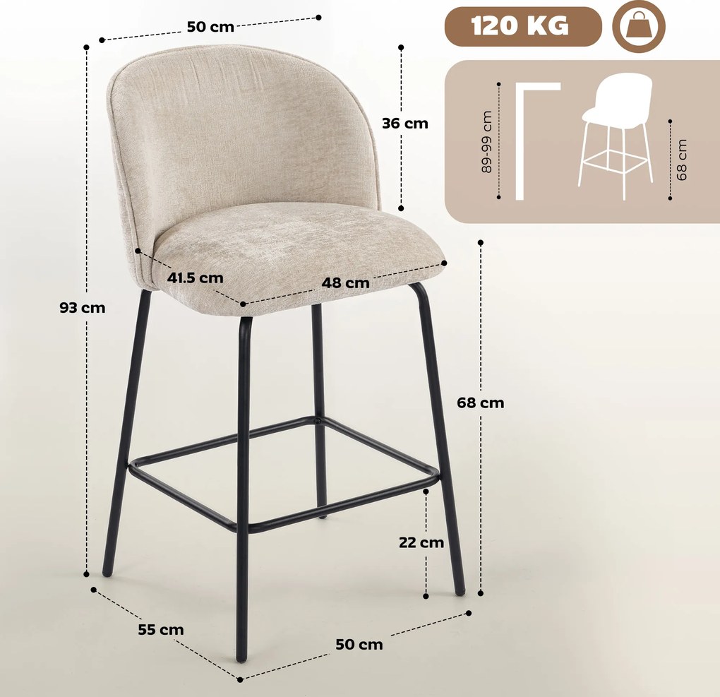 HOMCOM Set 2 Scaune de Bar din Chenille, 68 cm, cu Spătar și Suport pentru Picioare, Cadru din Oțel, Bej | Aosom Romania