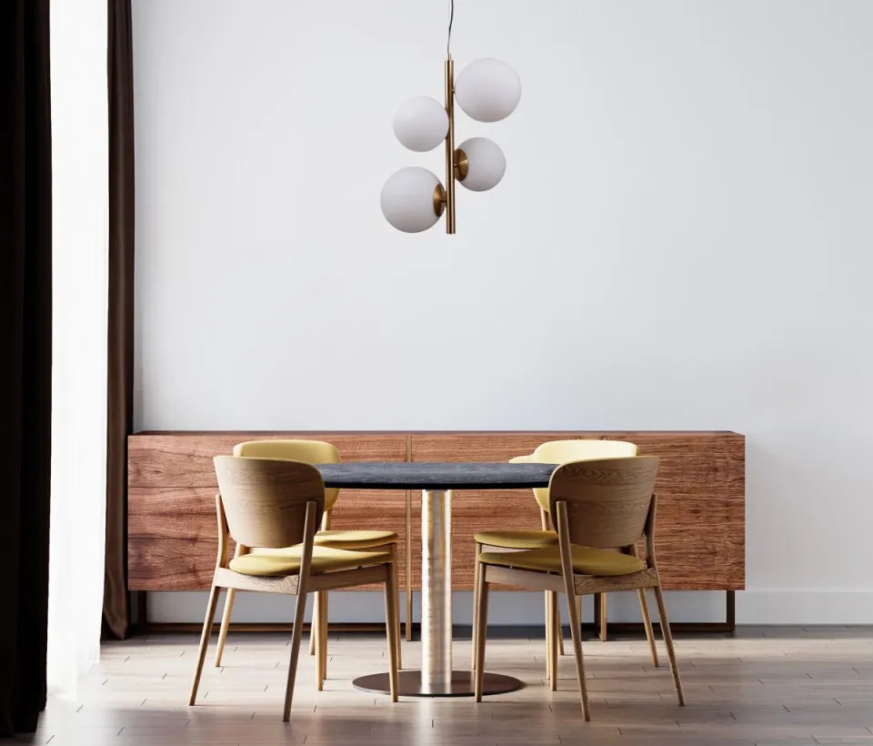 Lustra moderna aurie cu 4 globuri albe de sticla Riga