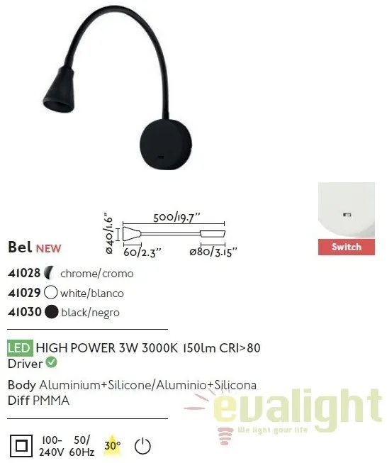 Aplica cu reader LED stil modern minimalist BEL crom 41028