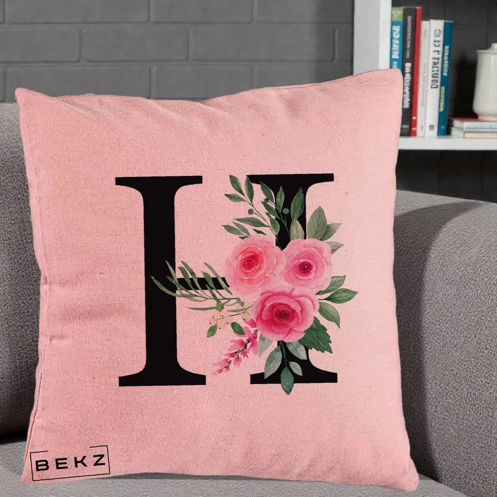 Cadou Personalizat - Perna Personalizata Monograma Florala Litera H cu Trandafiri Roz, 40x40 cm, Roz, Husa Detasabila, Perna Inclusa, BEKZ®