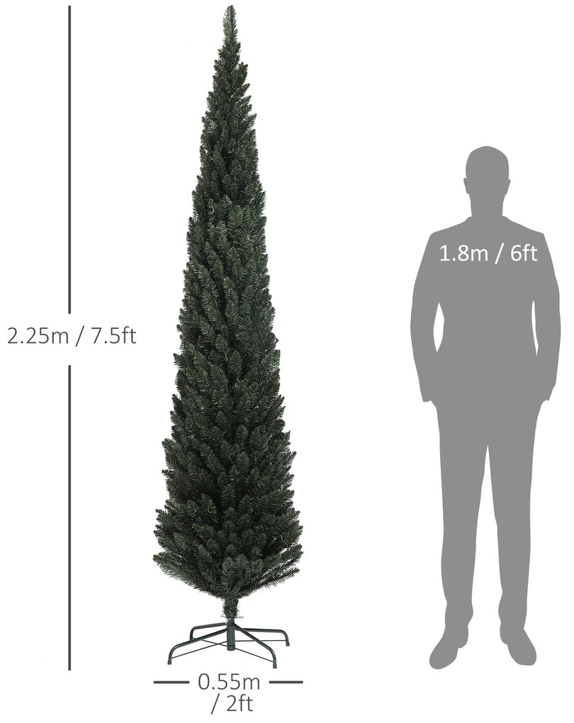 HOMCOM Brad Artificial de Crăciun cu 538 Ramuri, Brad de Crăciun Îngust și Spațios cu Bază de Oțel, Ø55x225 cm, Verde | Aosom Romania