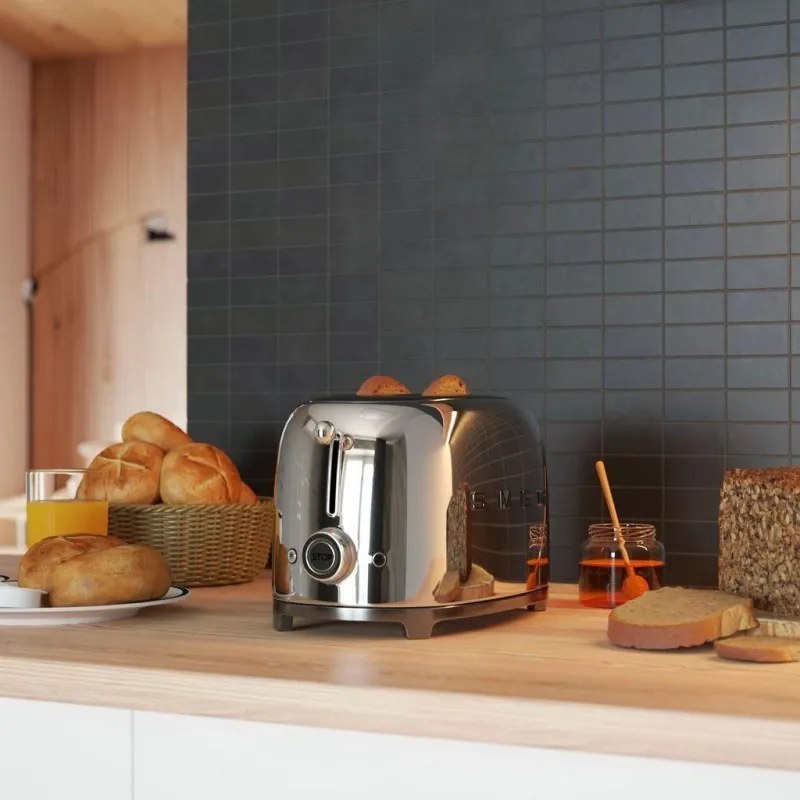 Prajitor de paine SMEG 50's Style TSF01SSEU, 950 W, 2 felii, 6 trepte, Tava pentru firimituri, Cablu integrat, Otel inoxidabil, Argintiu