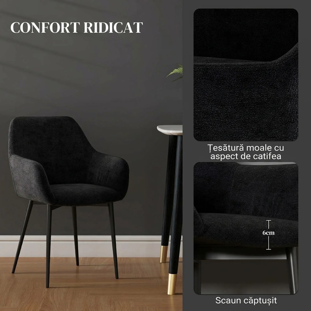 HOMCOM Set 2 Scaune Tapițate în Stil Nordic cu Brațe și Picioare din Oțel pentru Sufragerie, 54x57x80 cm, Negru | Aosom Romania