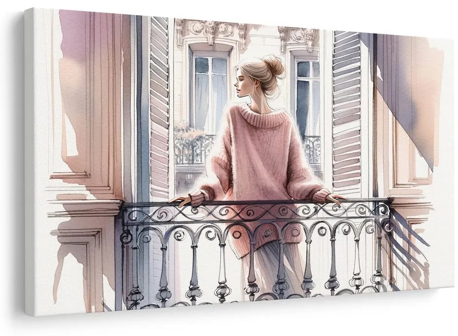 Tablou fată în pulover roz pe balcon