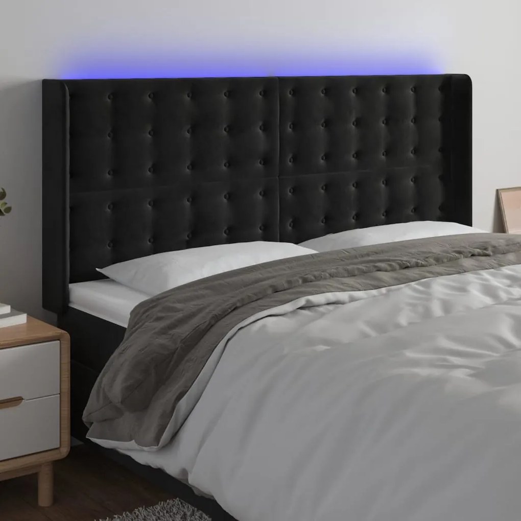 vidaXL Tăblie de pat cu LED, negru, 163x16x118/128 cm, catifea