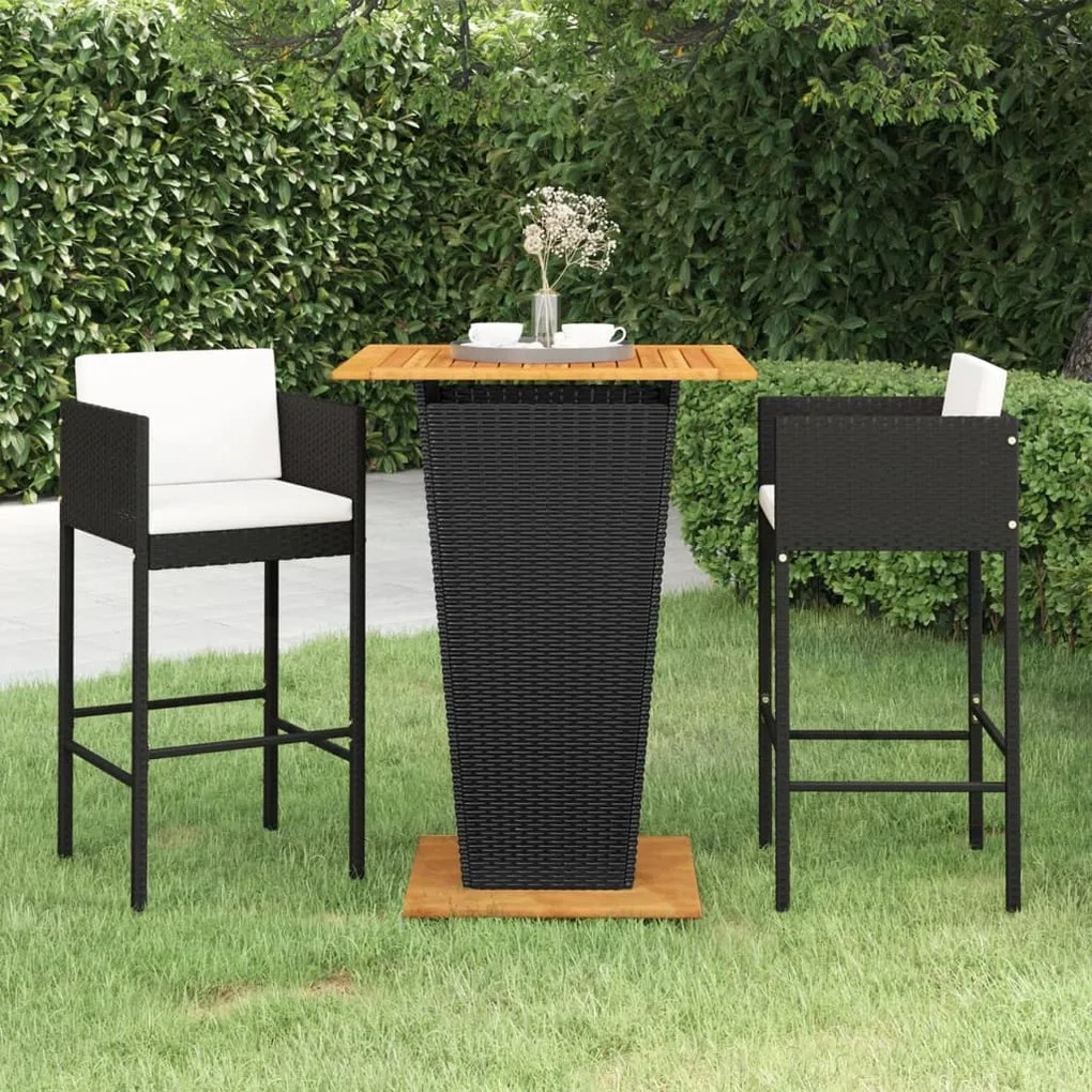 3094802 vidaXL Set mobilier bar de grădină cu perne, 3 piese, negru, poliratan