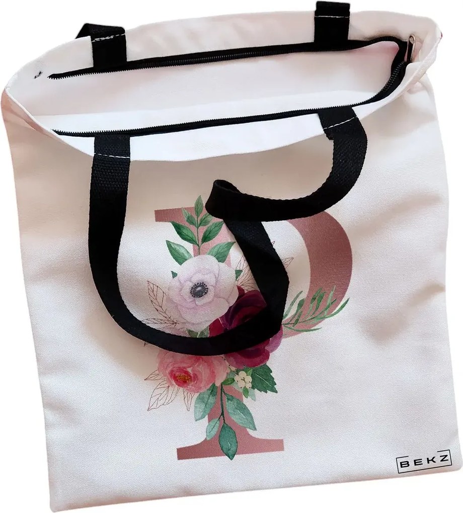 Sacosa de Panza pentru Cumparaturi, Geanta Tote, Cu litera P Rose Gold si Trandafiri, Cu fermoar, 38x34.5 cm, Alba, BEKZ®