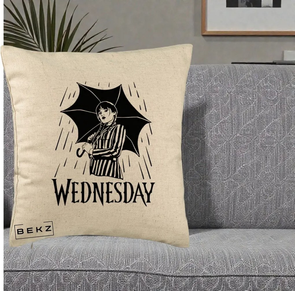 Perna Personalizata Wednesday cu Umbrela Ploaie Lineart, 40x40 cm, Bej, Husa Detasabila, Perna Inclusa, BEKZ®