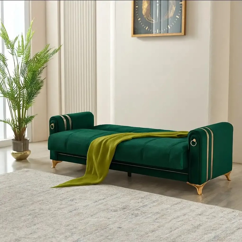 Canapea extensibila cu lada de depozitare 220x87x93 cm , detalii aurii,verde – Camara