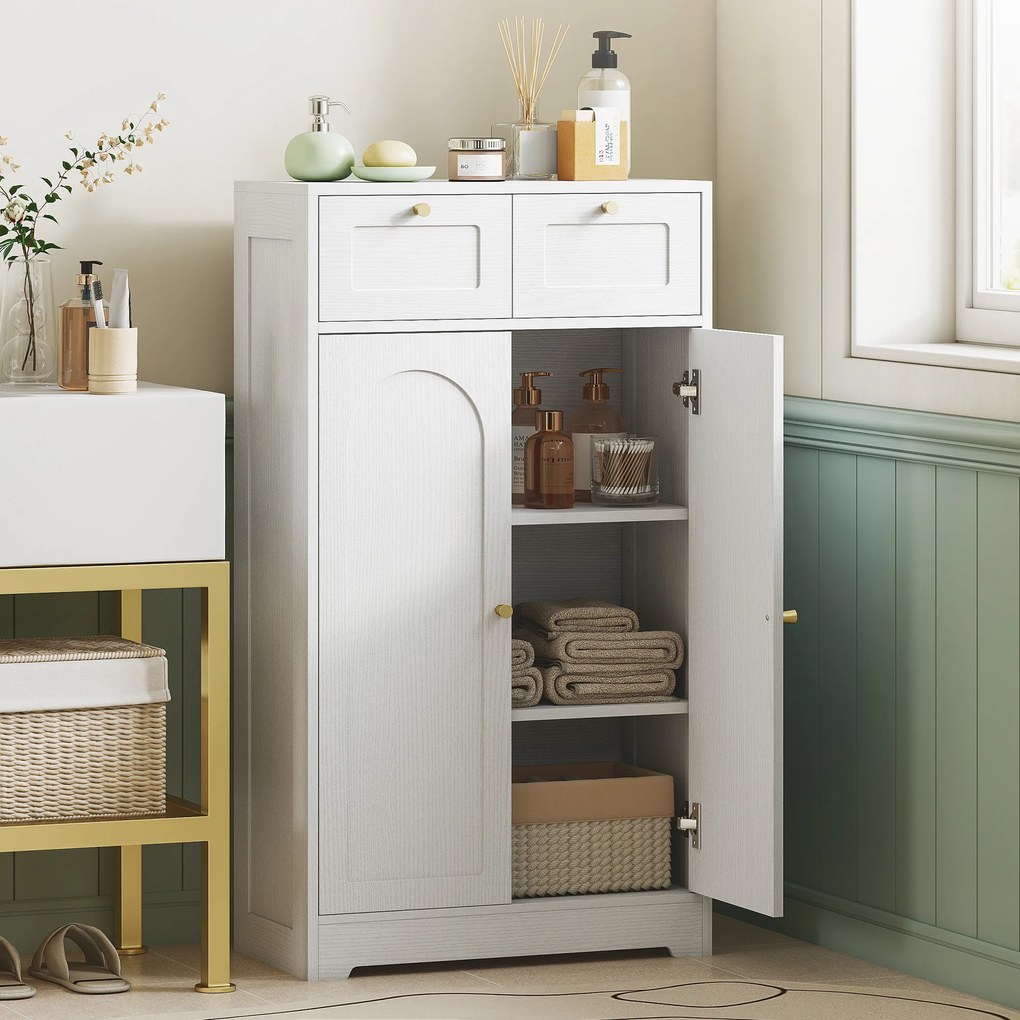 HOMCOM Mobilier de baie mobilier de depozitare cu 2 sertare uși duble arcuite etajere reglabile 60x30x108cm alb | Aosom Romania