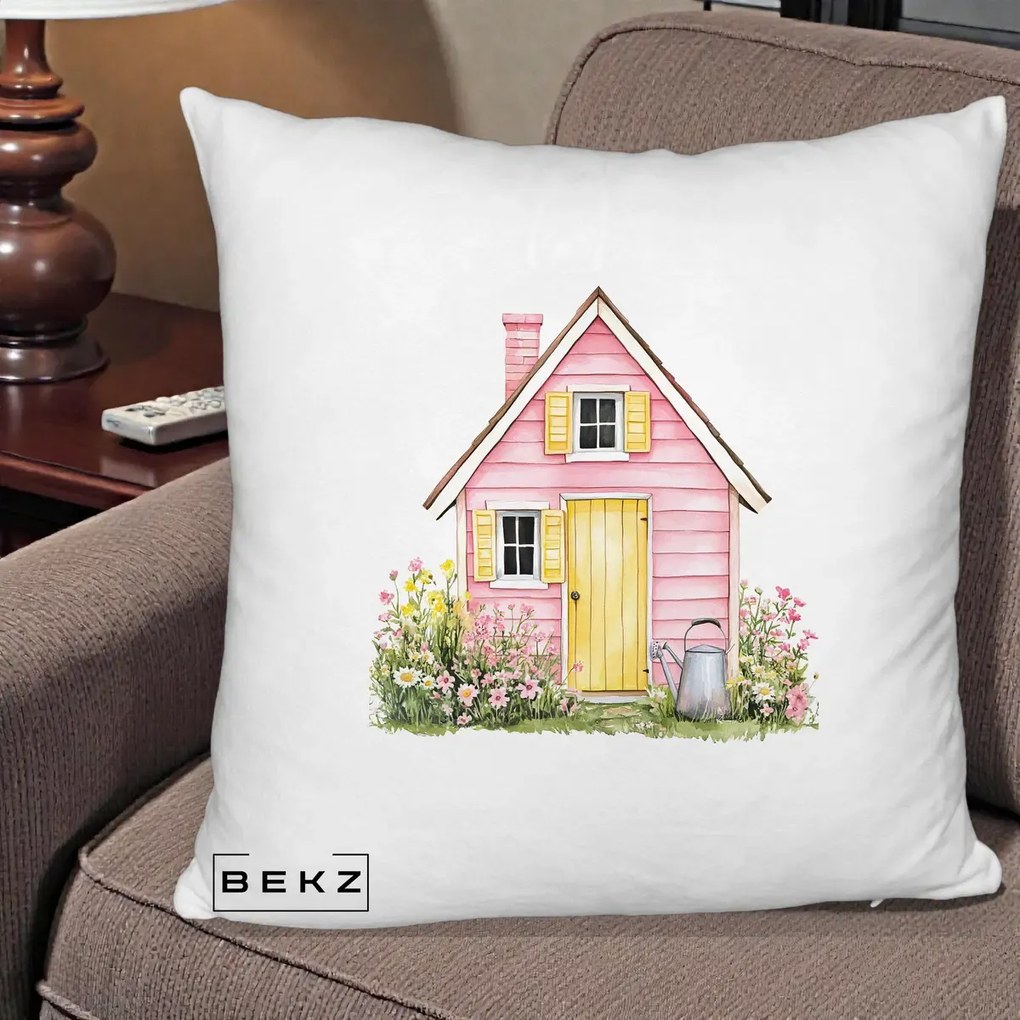 Perna Decorativa Casuta Roz Acuarela cu Gradina, 40x40 cm, Alb Pufos, Husa Detasabila, Perna Inclusa, BEKZ®