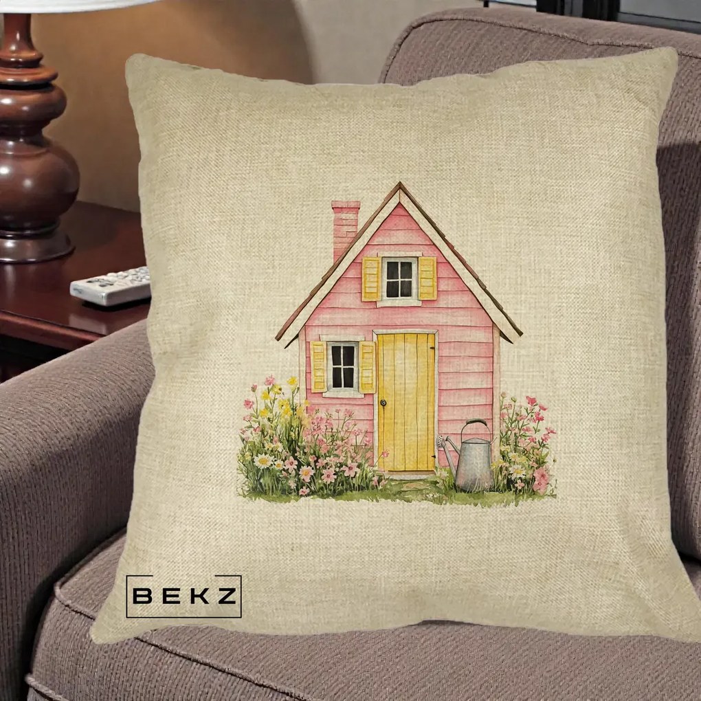 Perna Decorativa Casuta Roz Acuarela cu Gradina, 40x40 cm, Crem, Husa Detasabila, Perna Inclusa, BEKZ®